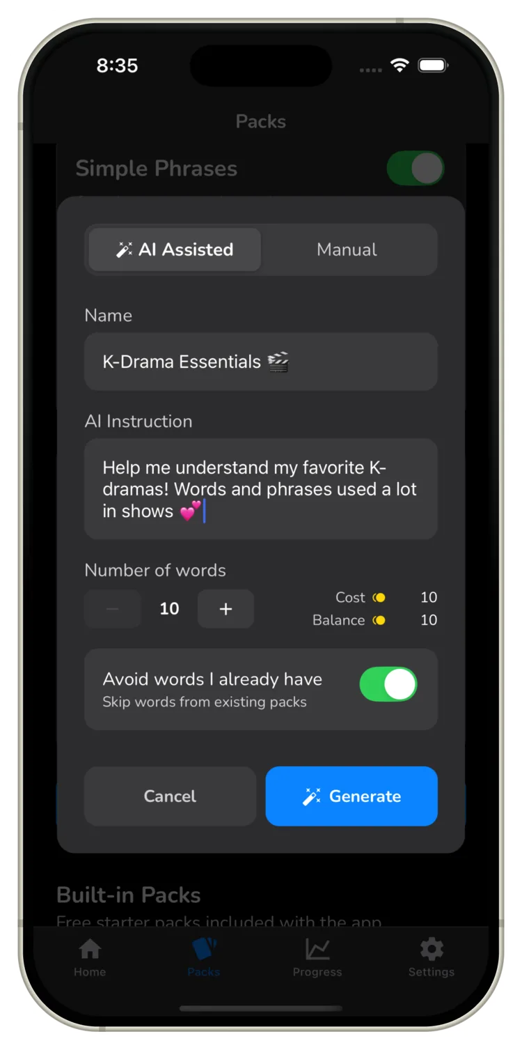 Generate a custom vocabulary pack with AI in KOR Vocab, on any topic you like.