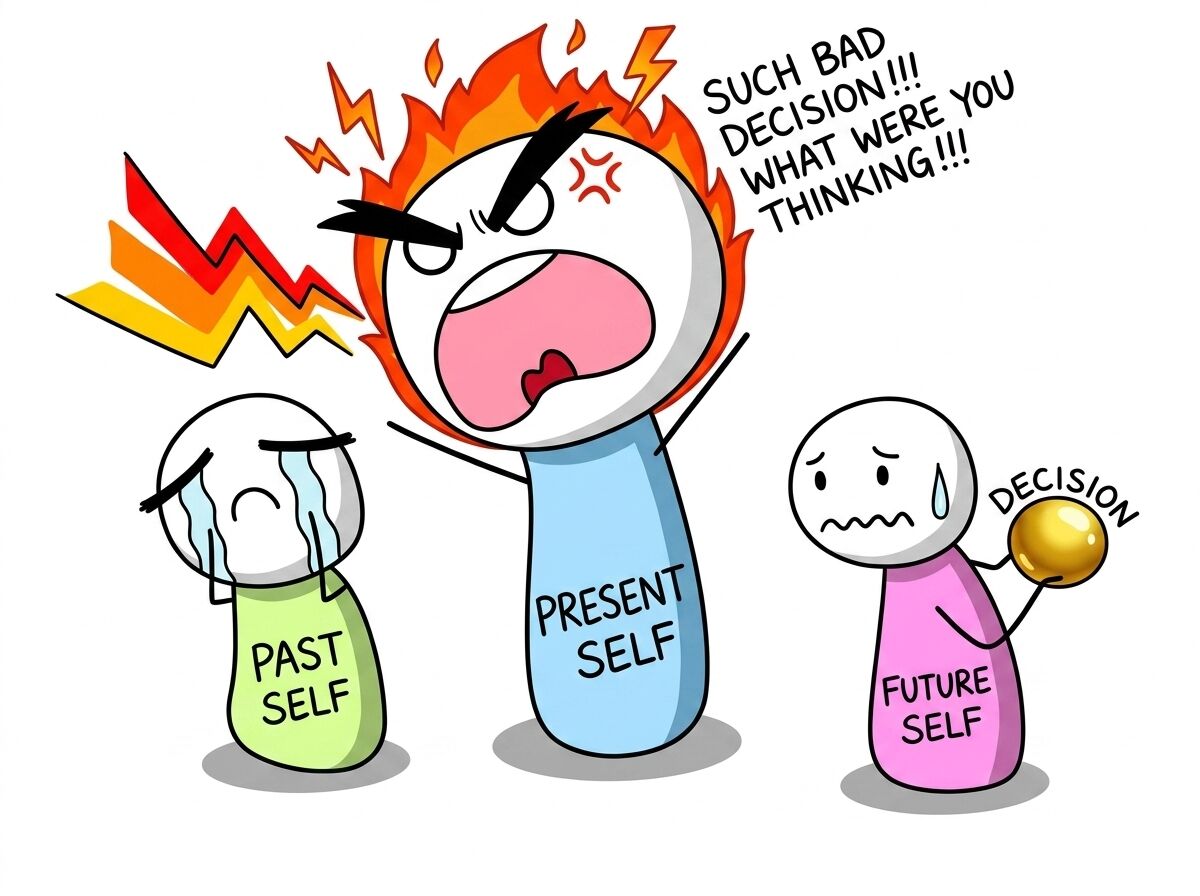 Present self, head on fire, scolds a crying past self over a bad decision while an anxious future self watches, clutching their own decision.