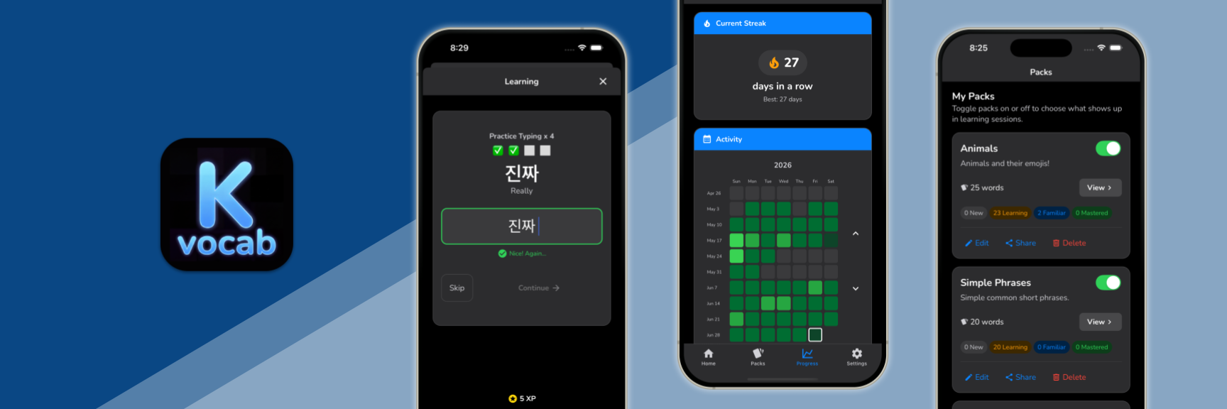 KOR Vocab was launched to the iOS App Store to bring HeroMode-style motivation to learning Korean