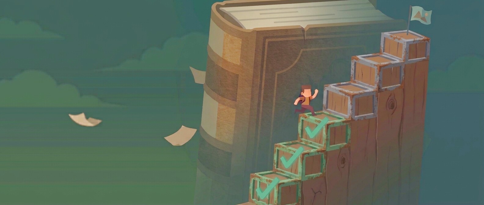 A tiny adventurer climbs a giant book on a staircase of checkboxes, the completed steps checked off, a flag waiting at the top