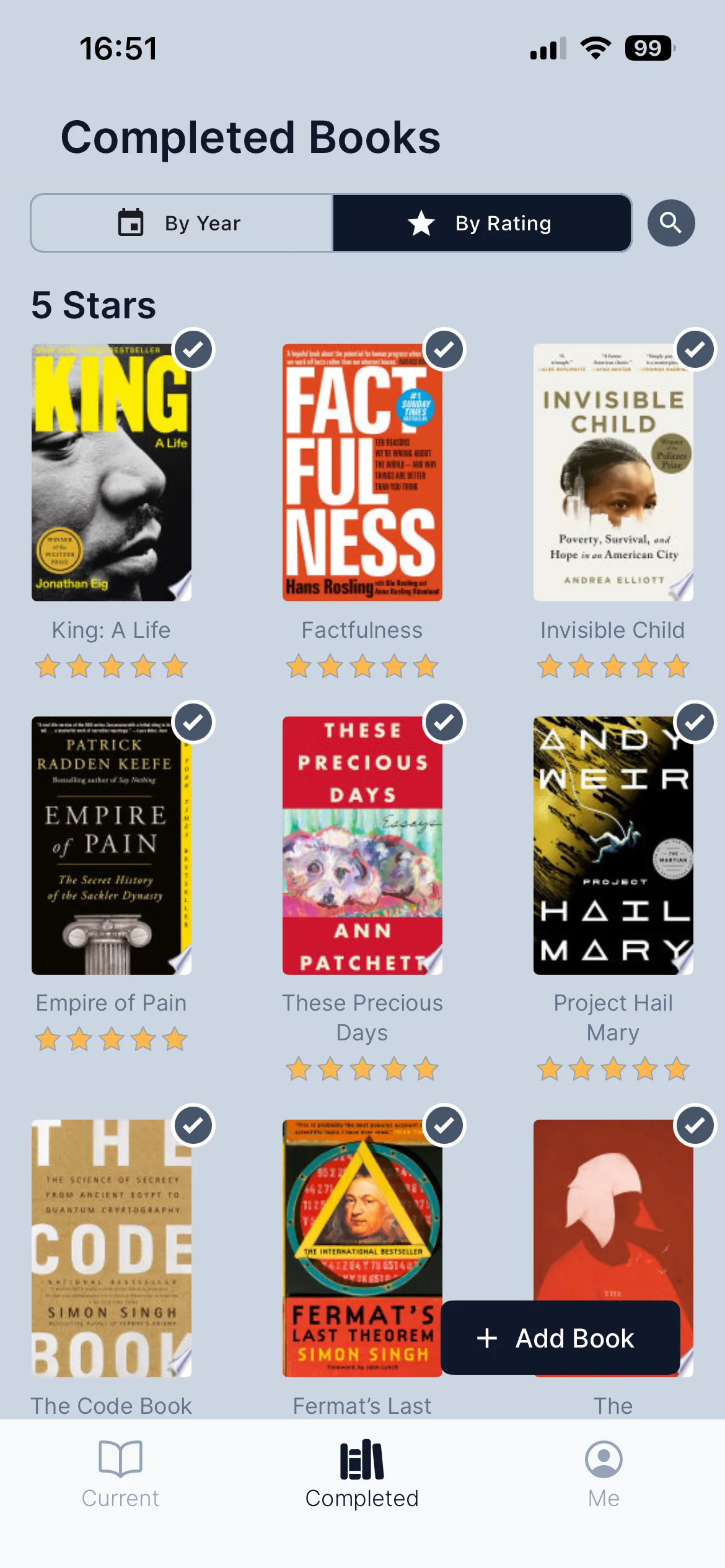 Completed books shelf in Checkbox Reader showing five-star reads with their covers