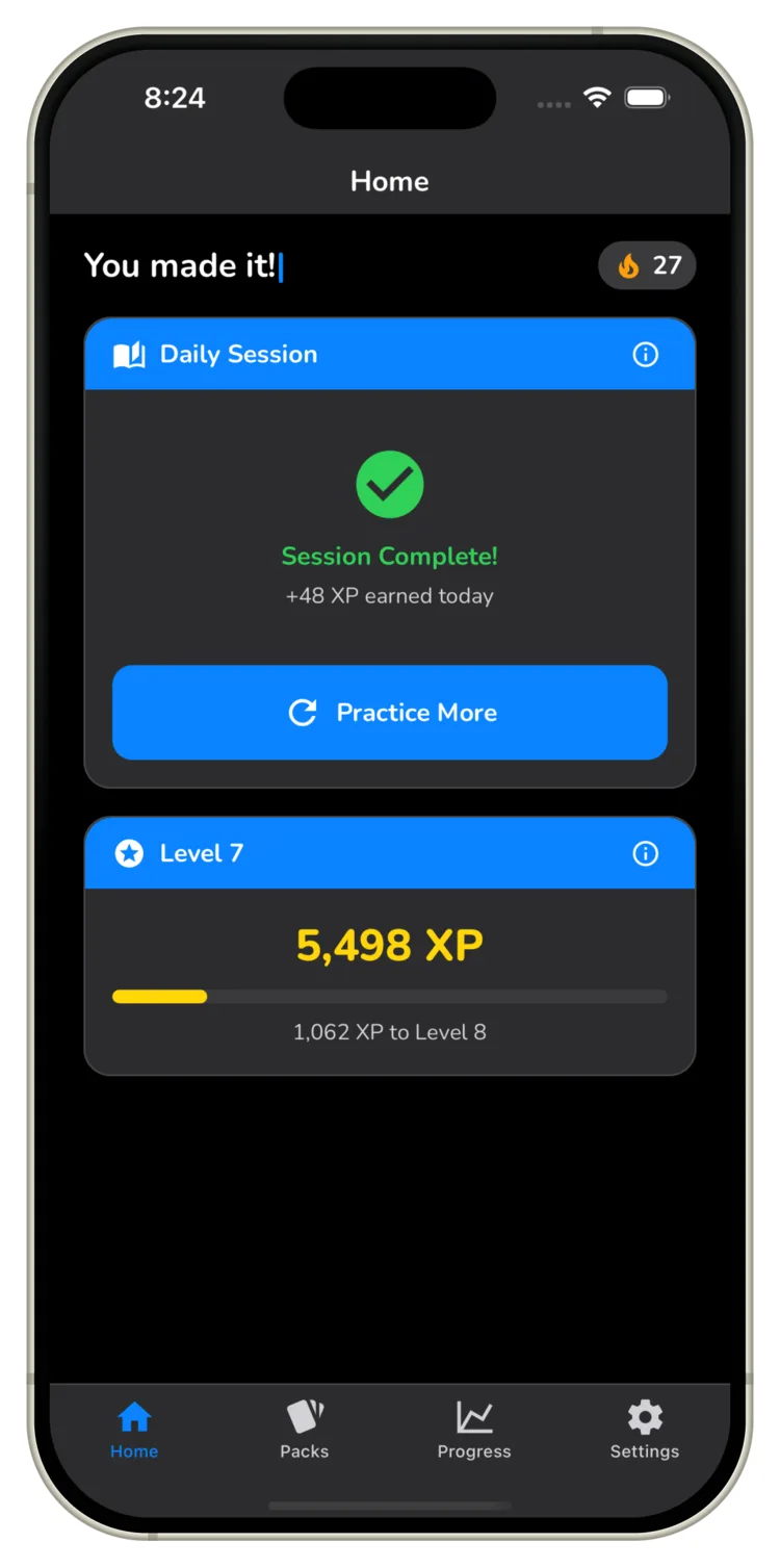 Complete your daily session in KOR Vocab to earn XP and level up.