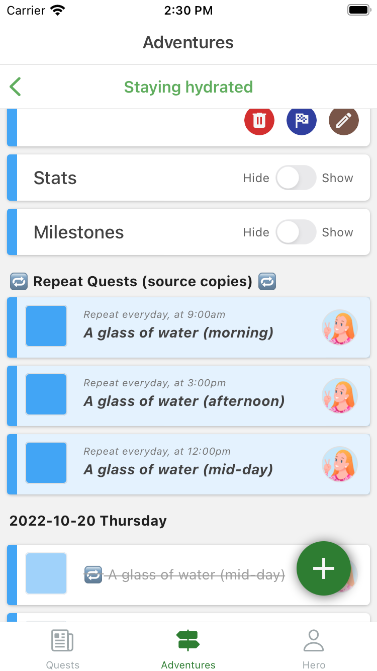 repeat quests in heromode can remind you to stay hydrated throughout the day
