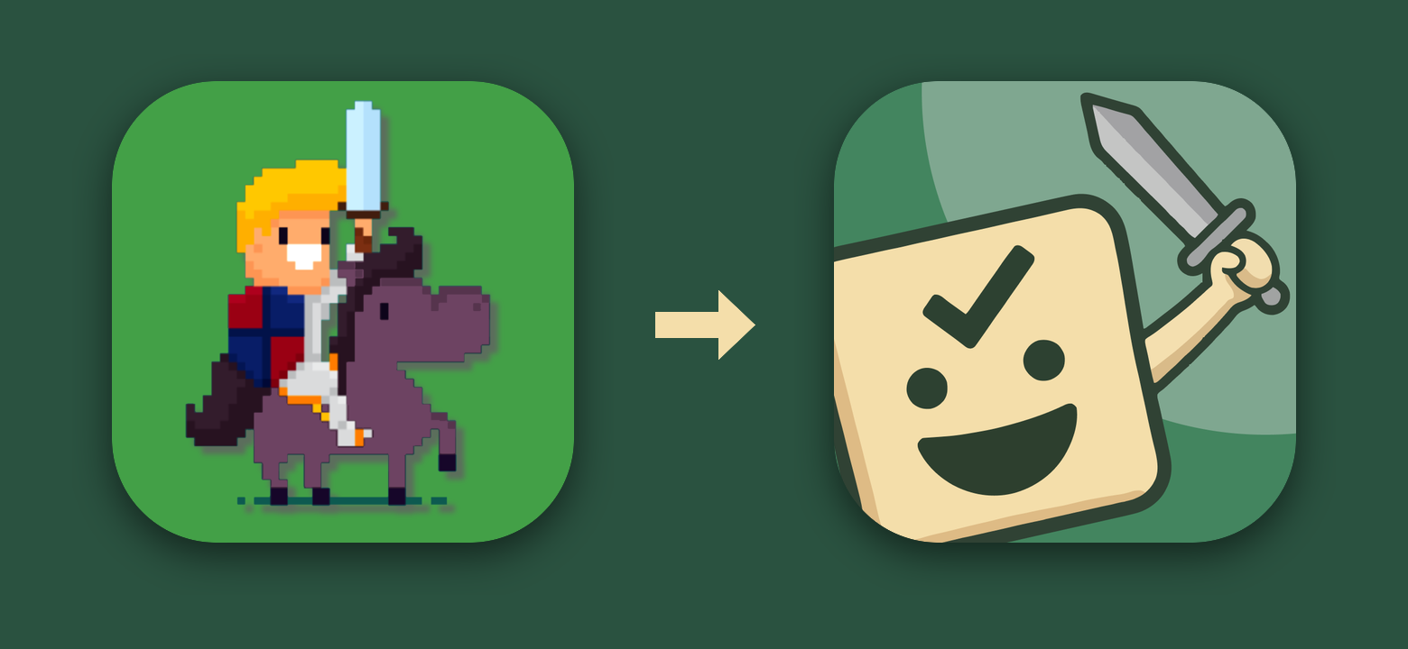 The old HeroMode app icon, a pixel-art knight on a purple horse, next to the new icon, a cute checkbox holding a sword