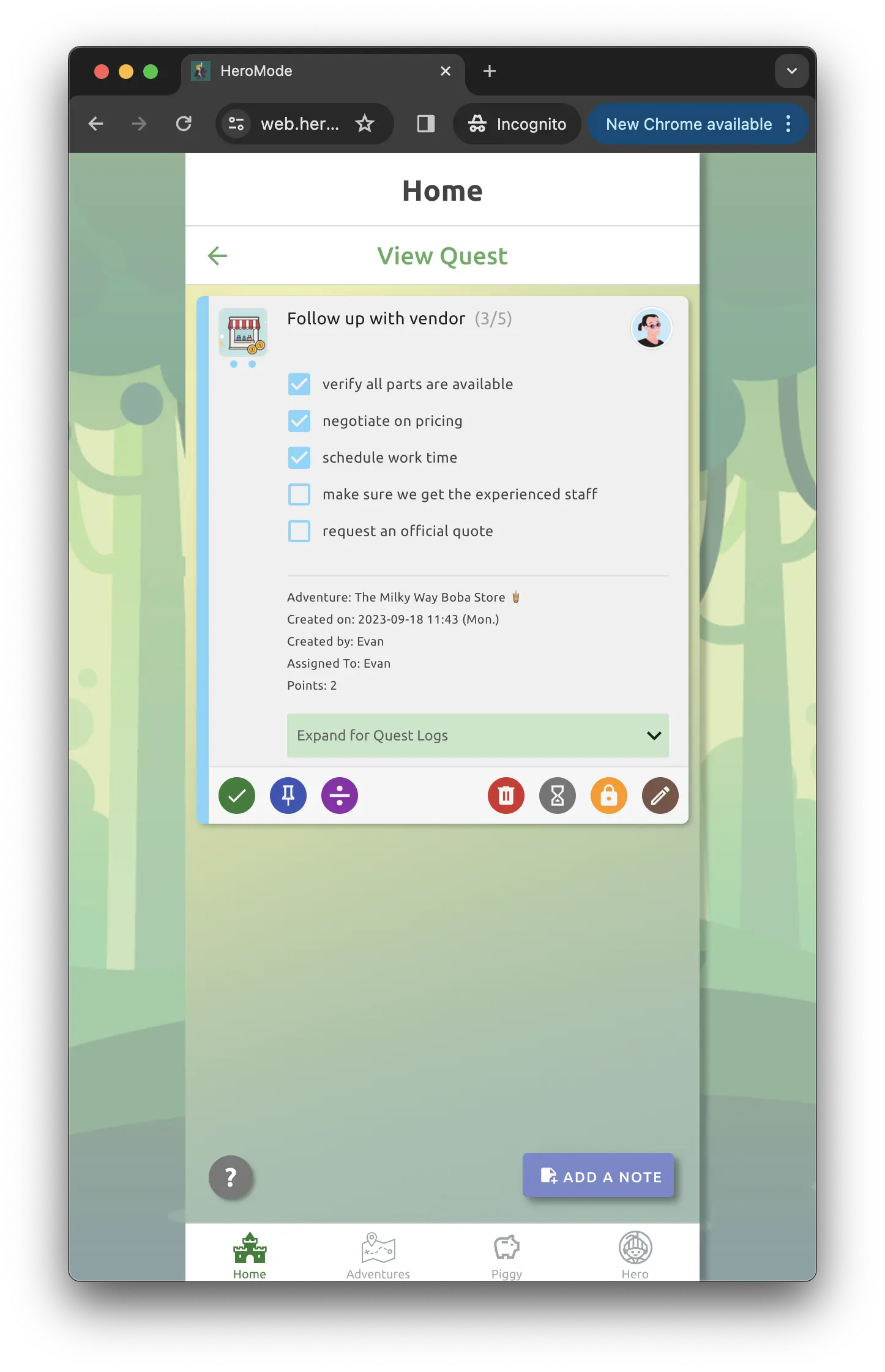 Use quest checkboxes for sub-tasks.
