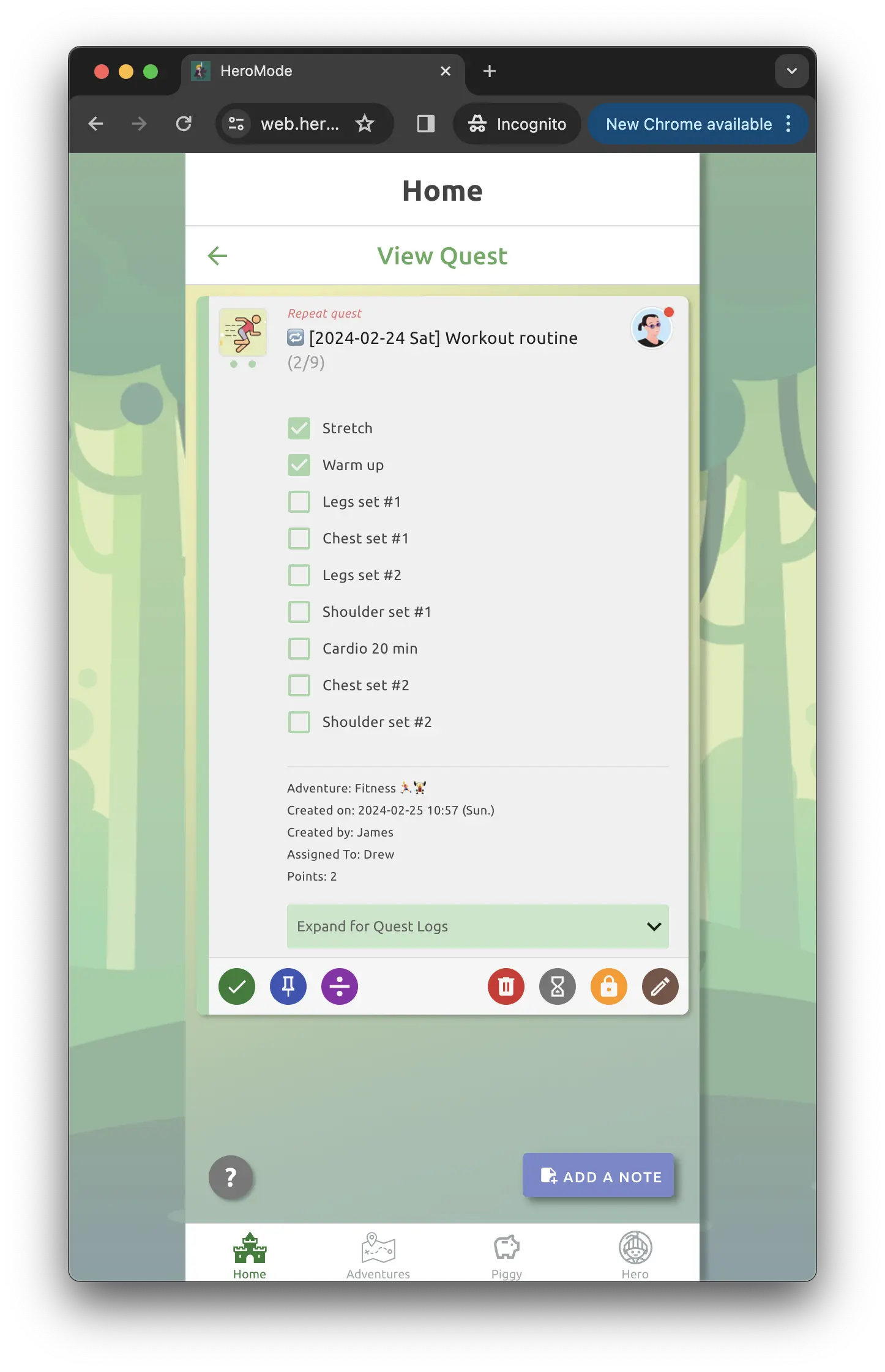 Use quest checkboxes to track workout routines.
