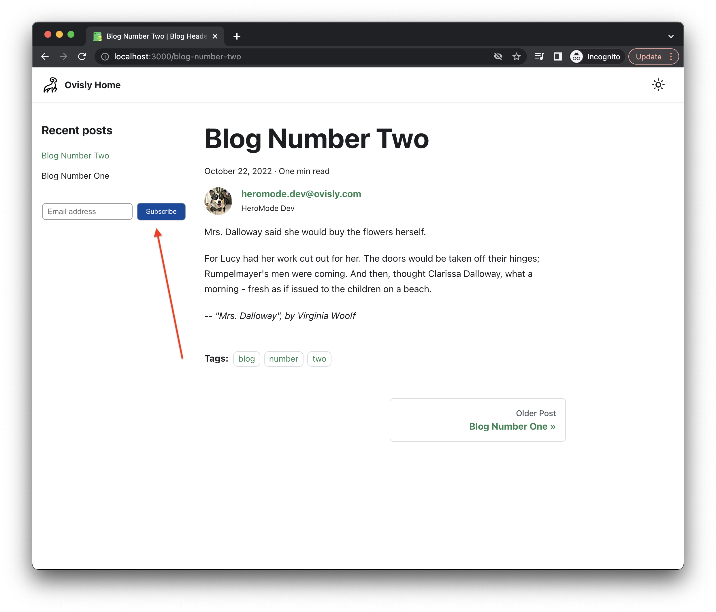 an example implementation adding subscription button to a docusaurus blog after swizzling the Desktop BlogSidebar component