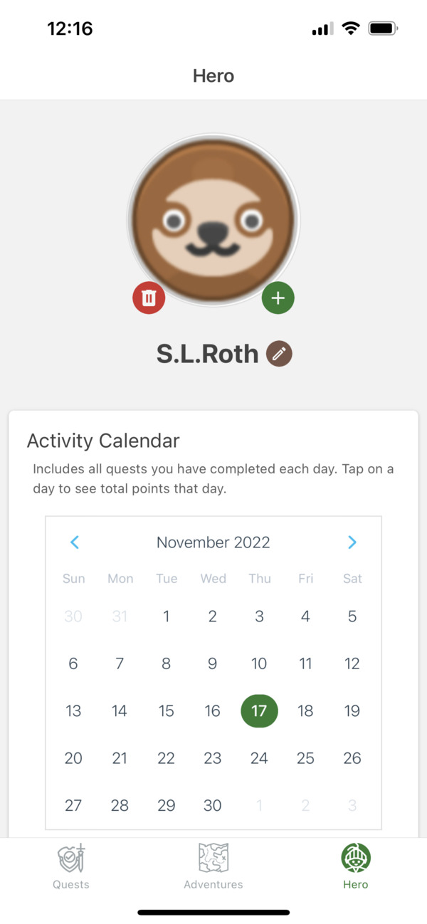 activity calendar in the Hero page shows your progress