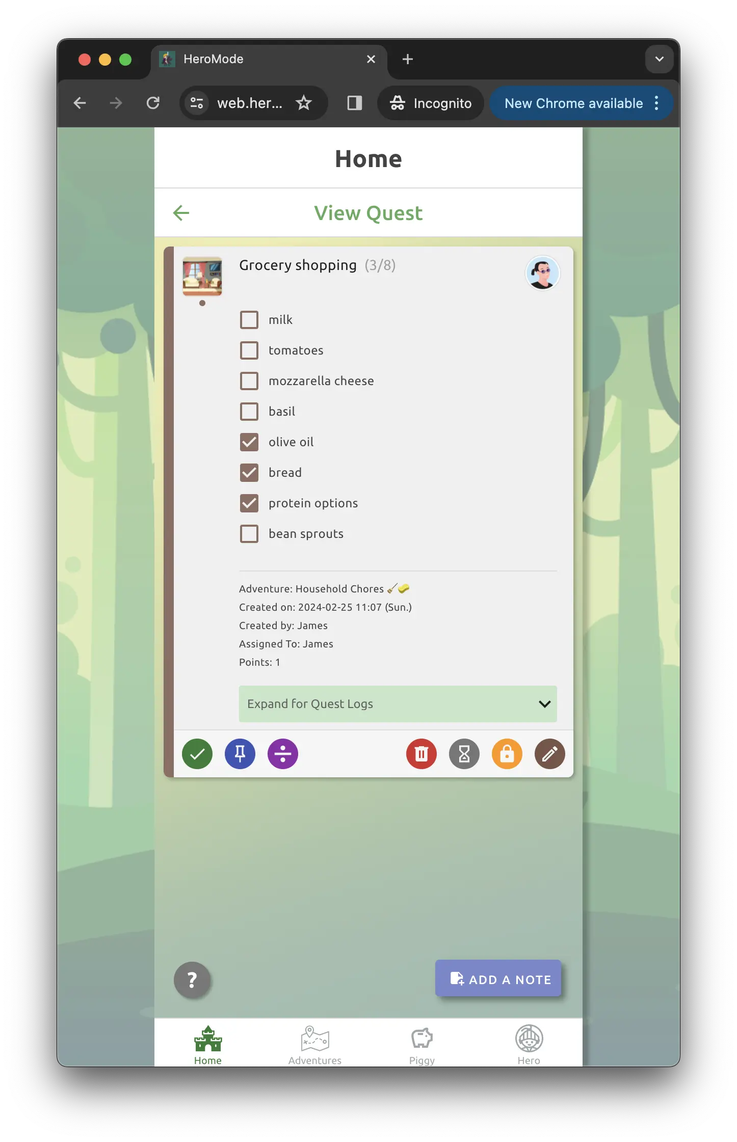 Use quest checkboxes to track grocery list, or any other list.