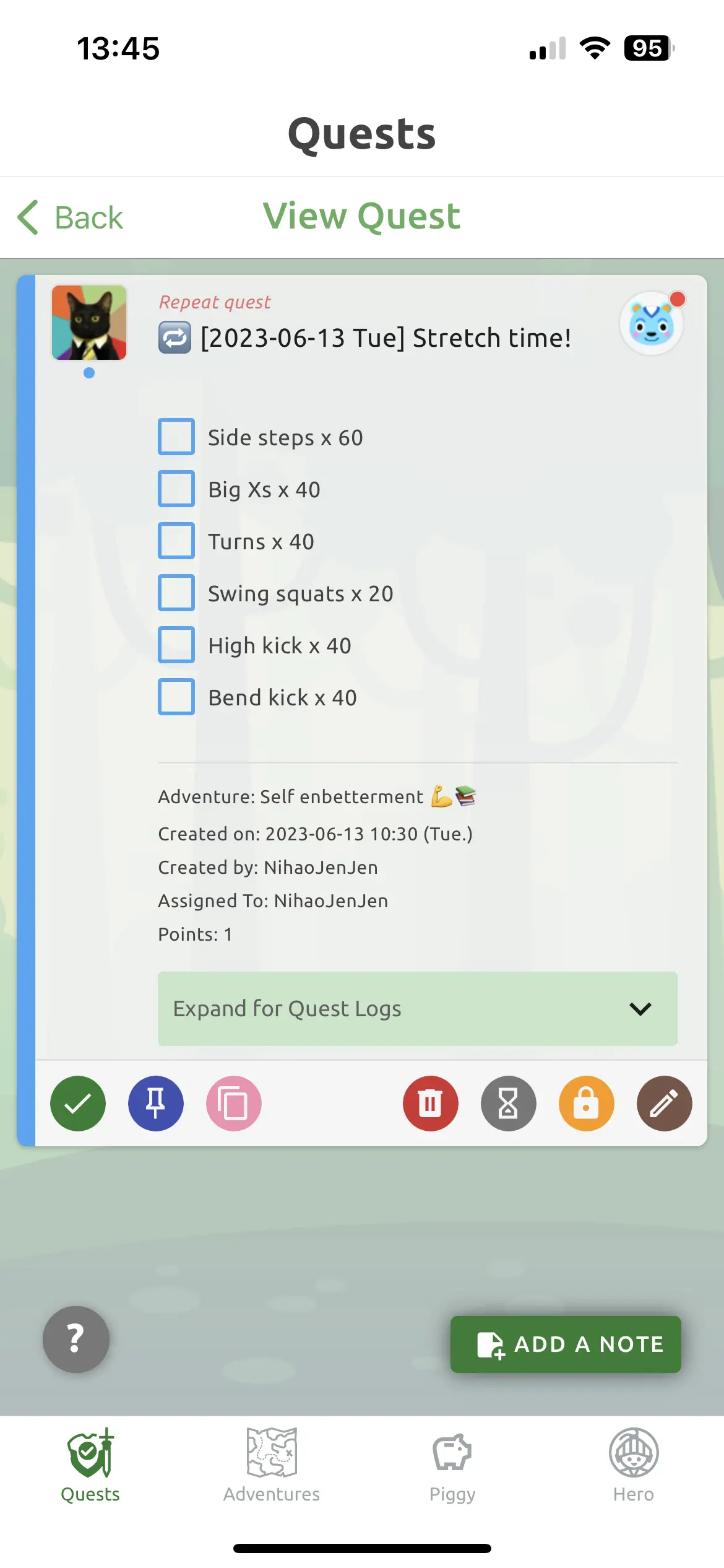 Quest checkboxes can break down a task into even smaller subtasks.