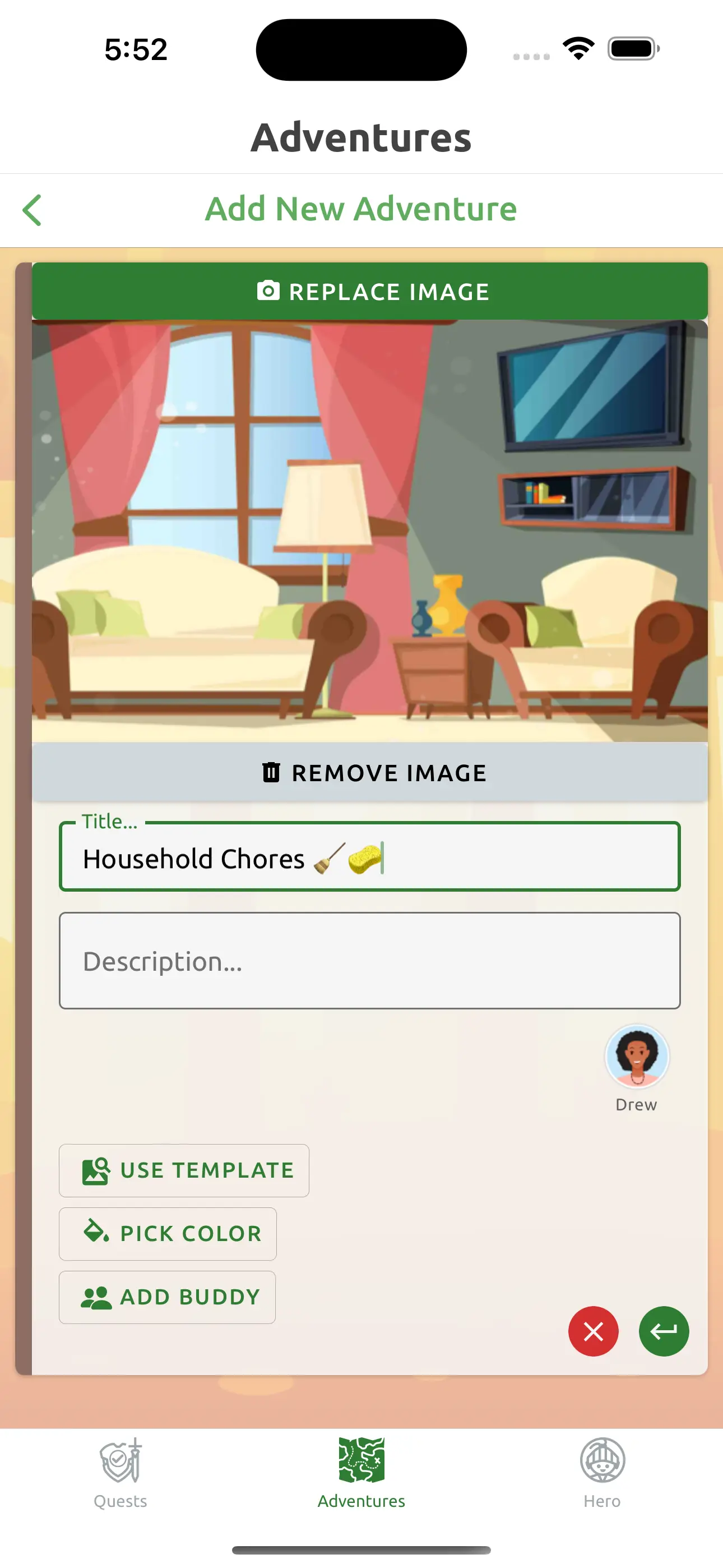 Adventure template for household chores