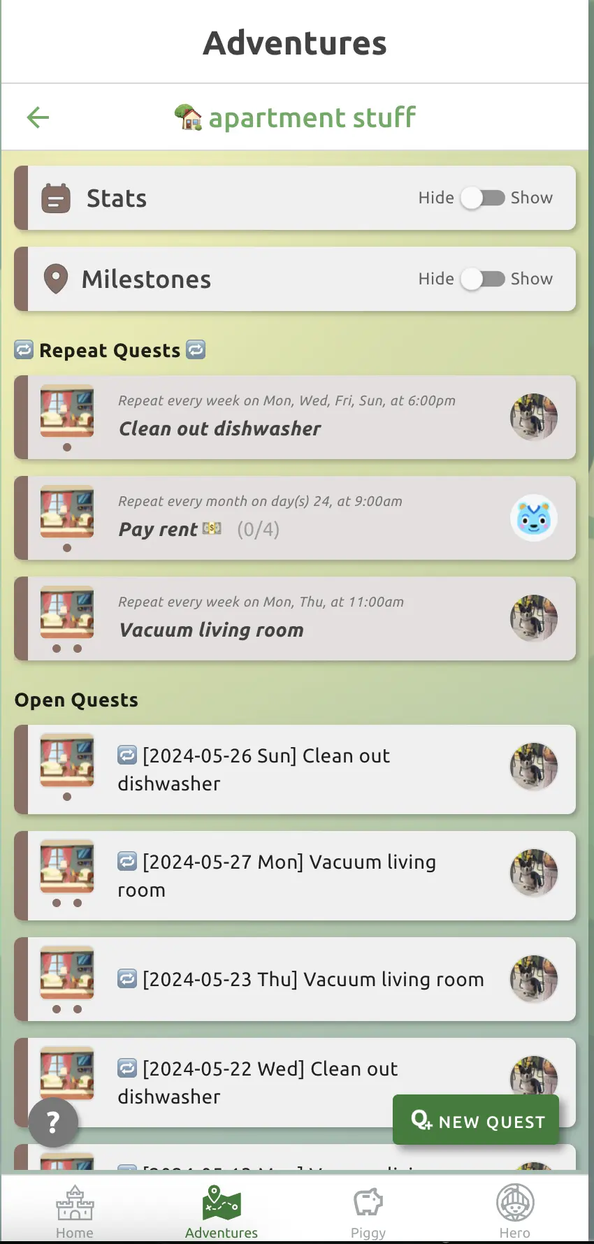 Using repeat quests to manage household chores.