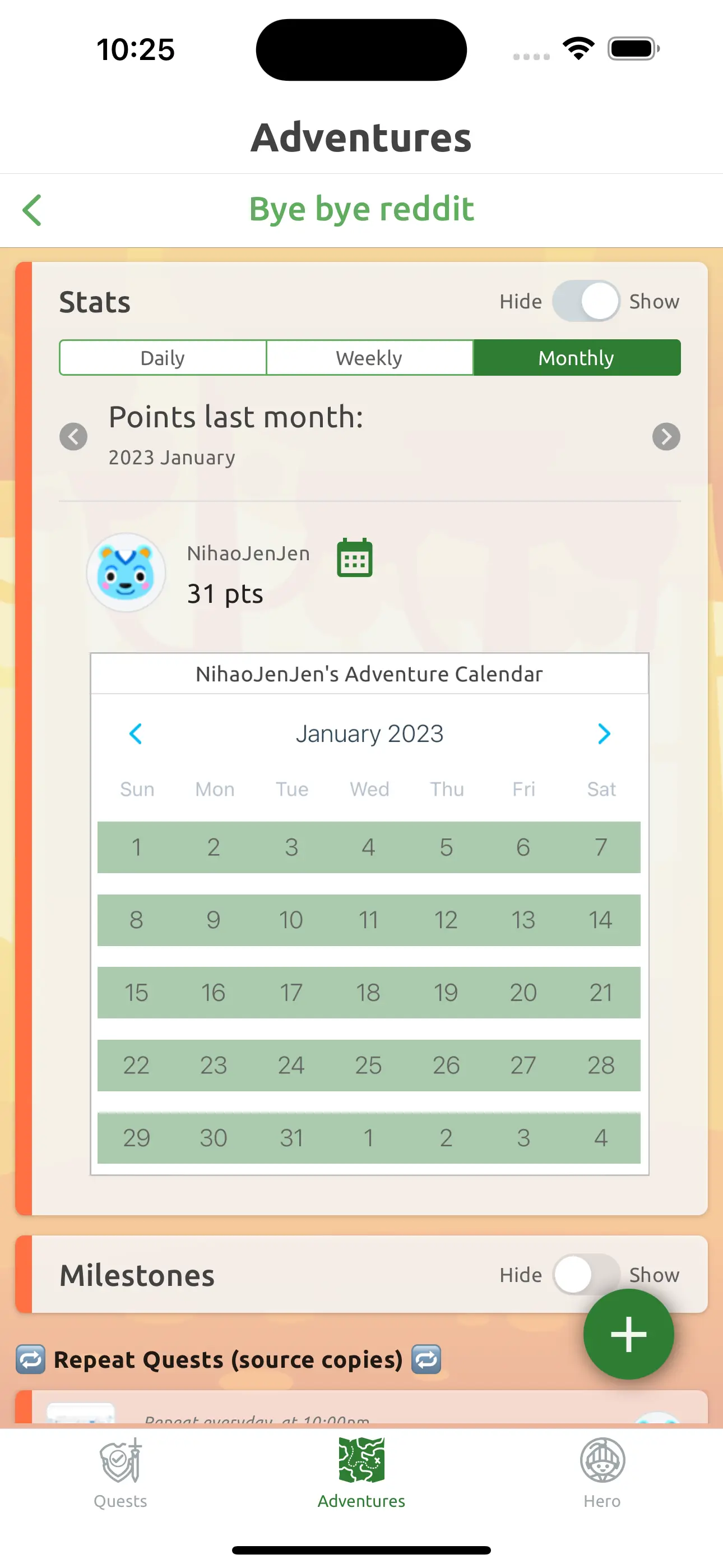 My activity calendar after implementing a data improvement, showing I was indeed Reddit free for the entire January of 2023.