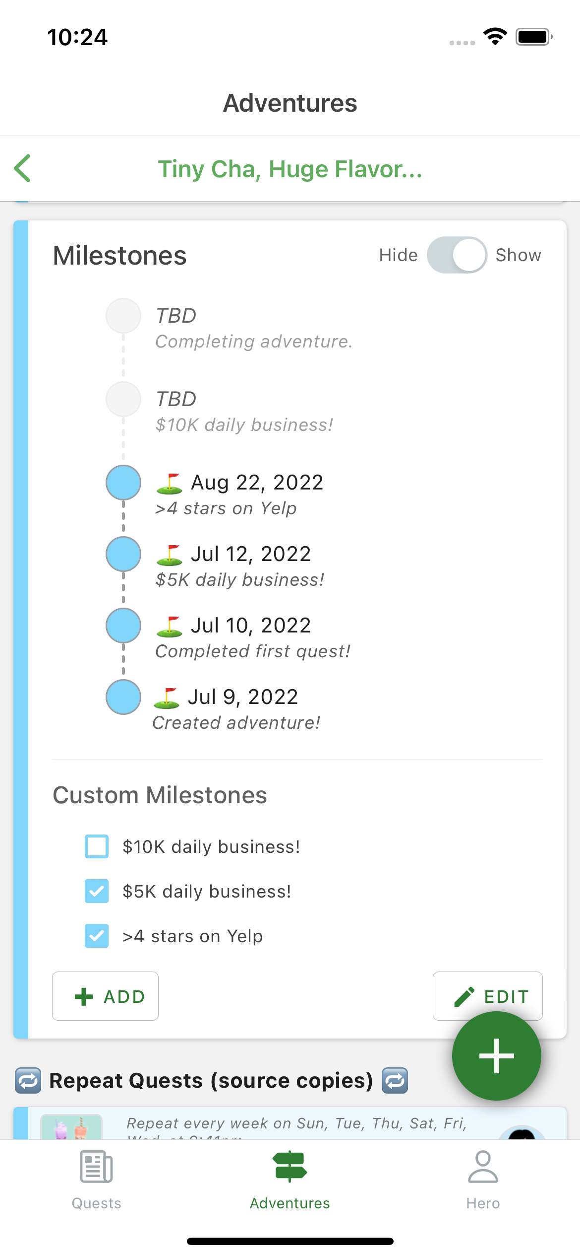 v2 heromode feature: adventure milestones to track and celebrate reaching your goals
