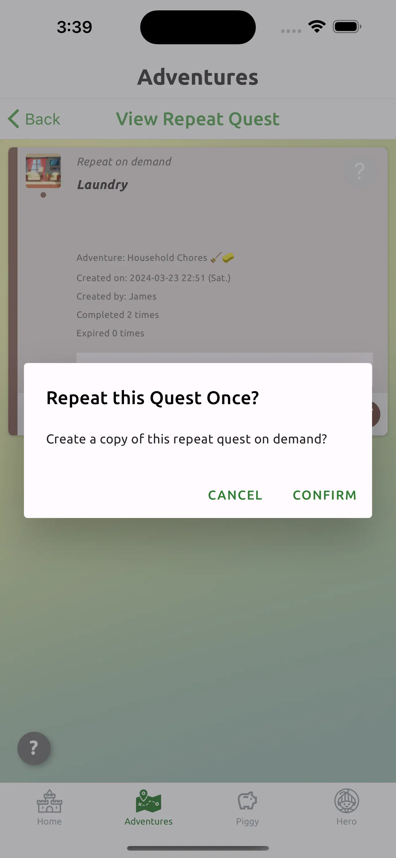 Prompt to confirm creation of a repeat quest on demand.