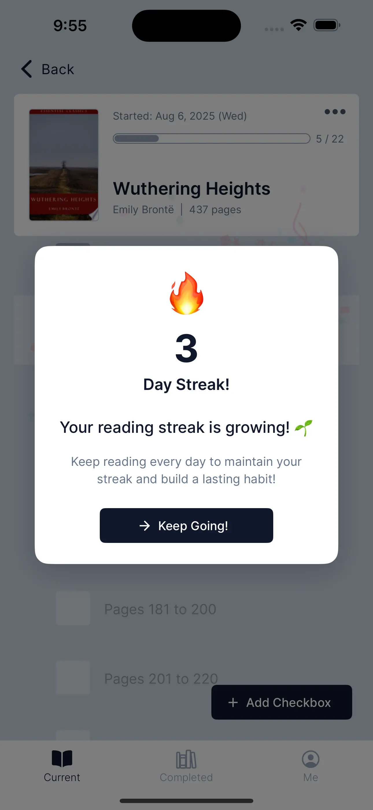 Complete a checkbox to extend your reading streak.