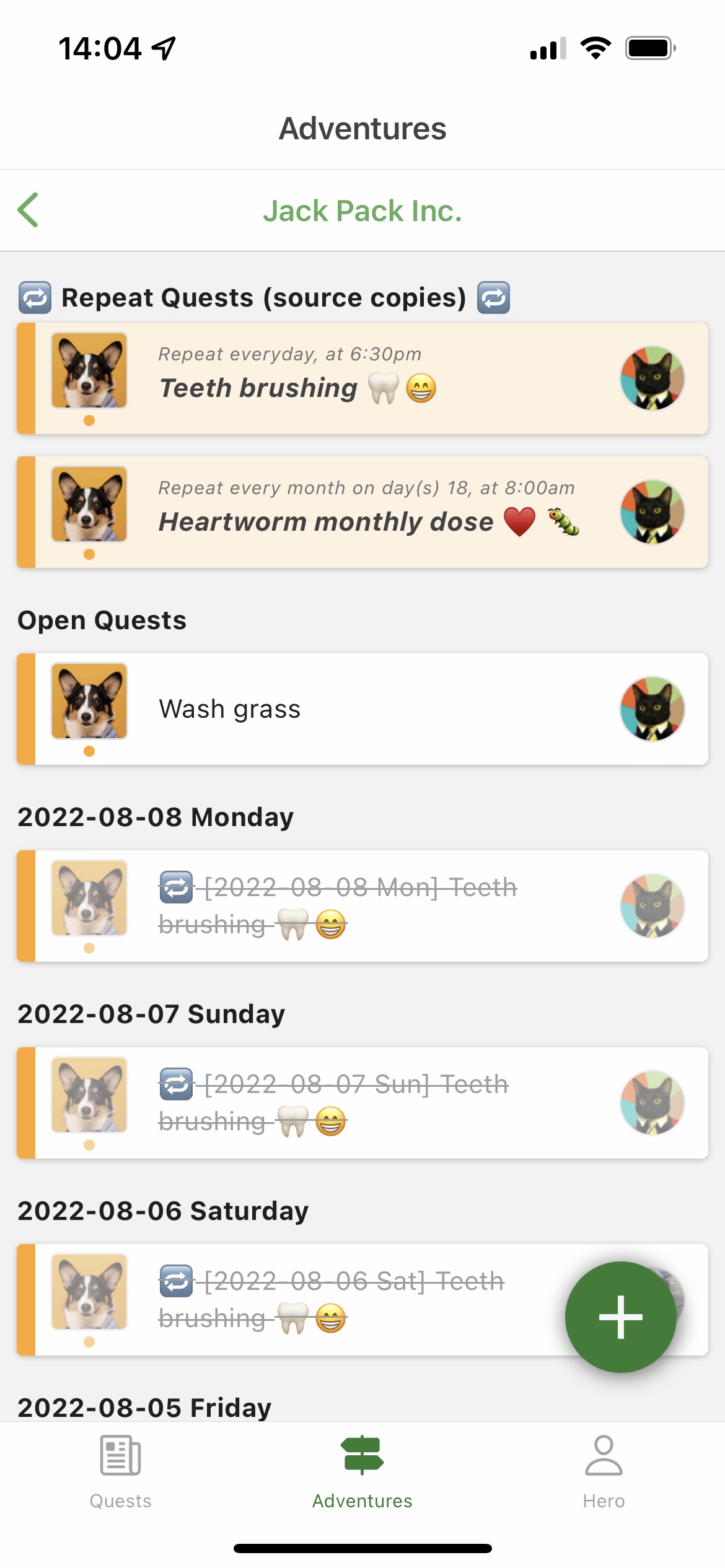 create quests for pet related chores and tasks; complete them to get points