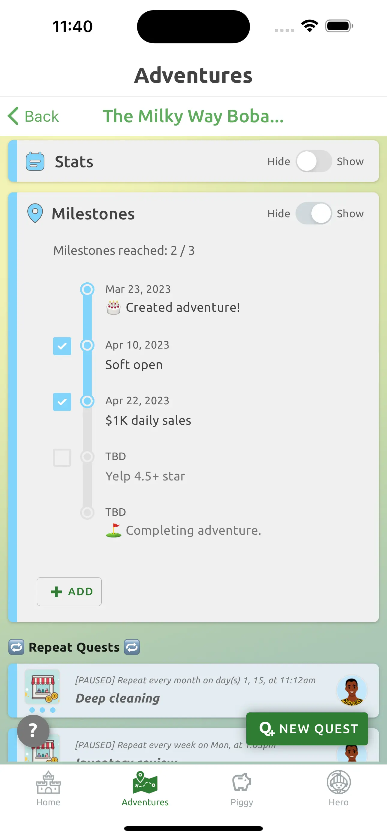 adventure milestones