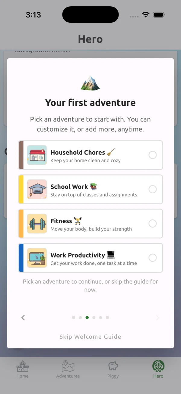 The HeroMode welcome flow, showing four starter adventures to pick from