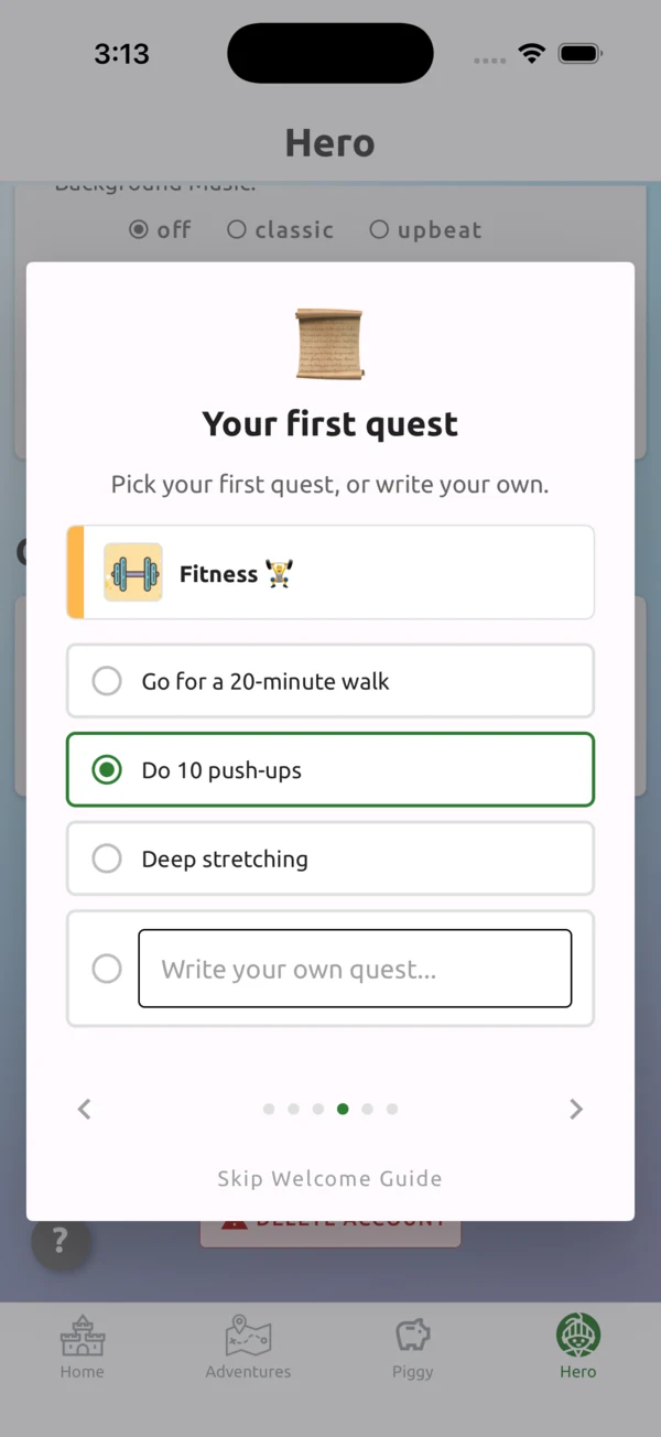Picking your first quest in the HeroMode welcome flow