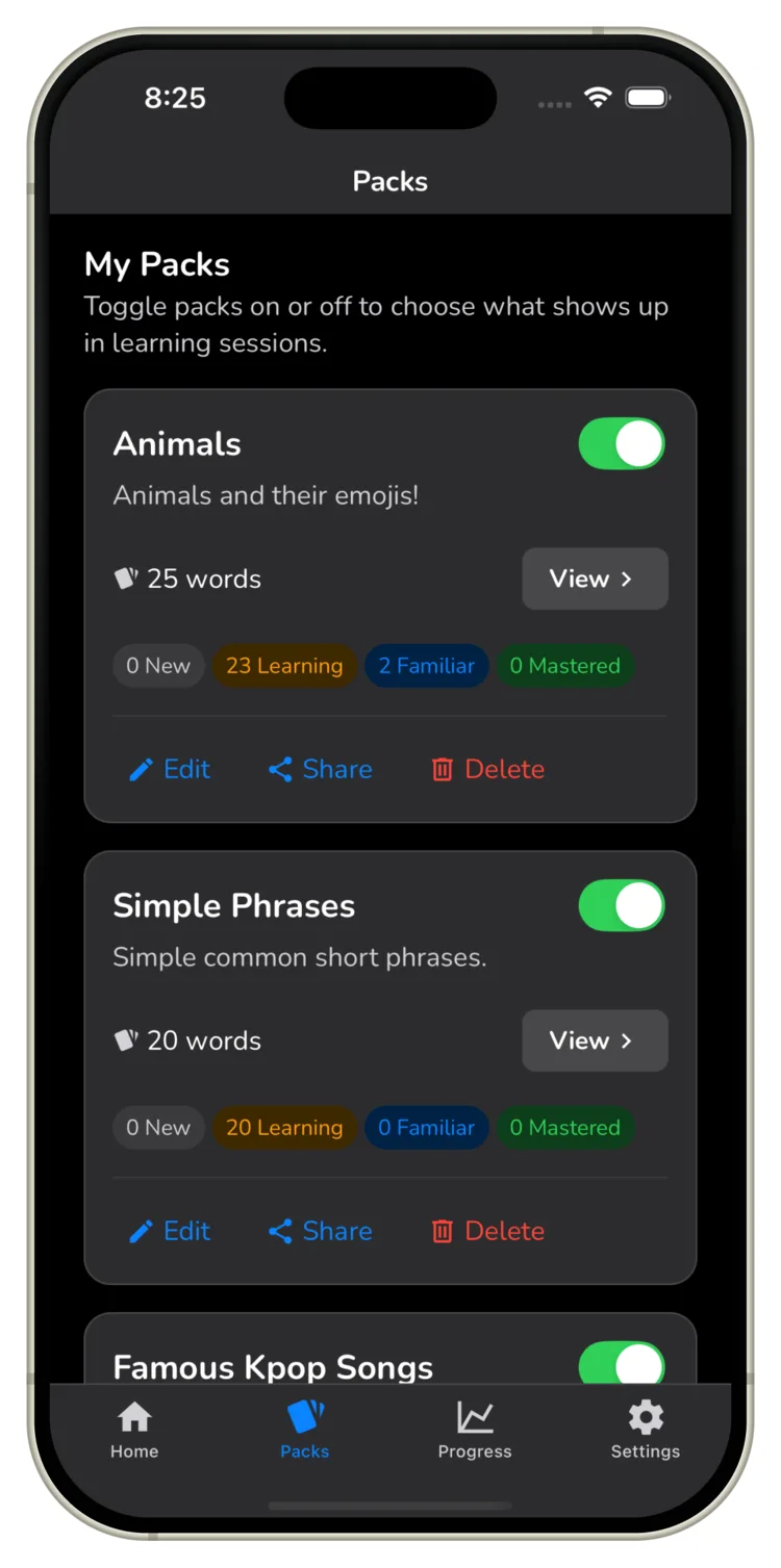 Toggle vocabulary packs on and off in KOR Vocab to choose what shows up in learning sessions.