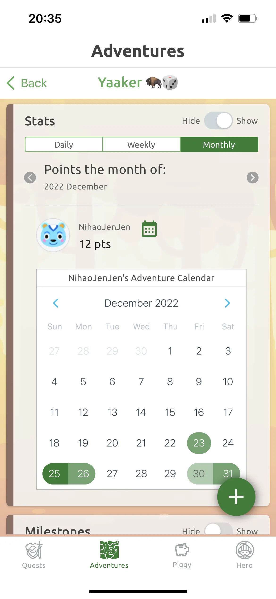 My activity calendar for Yaaker (December)