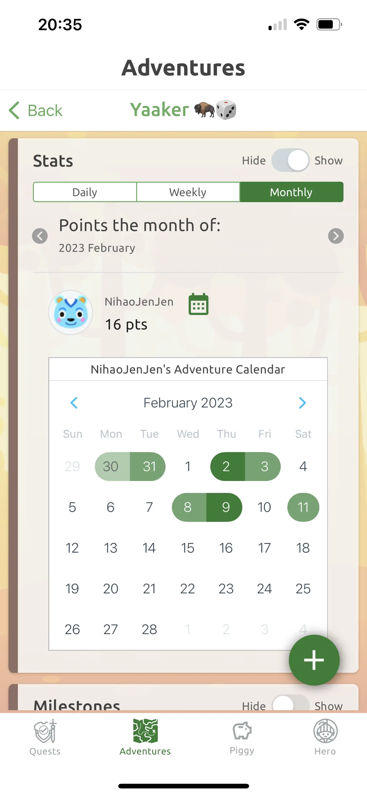 My activity calendar for Yaaker (Feburary)