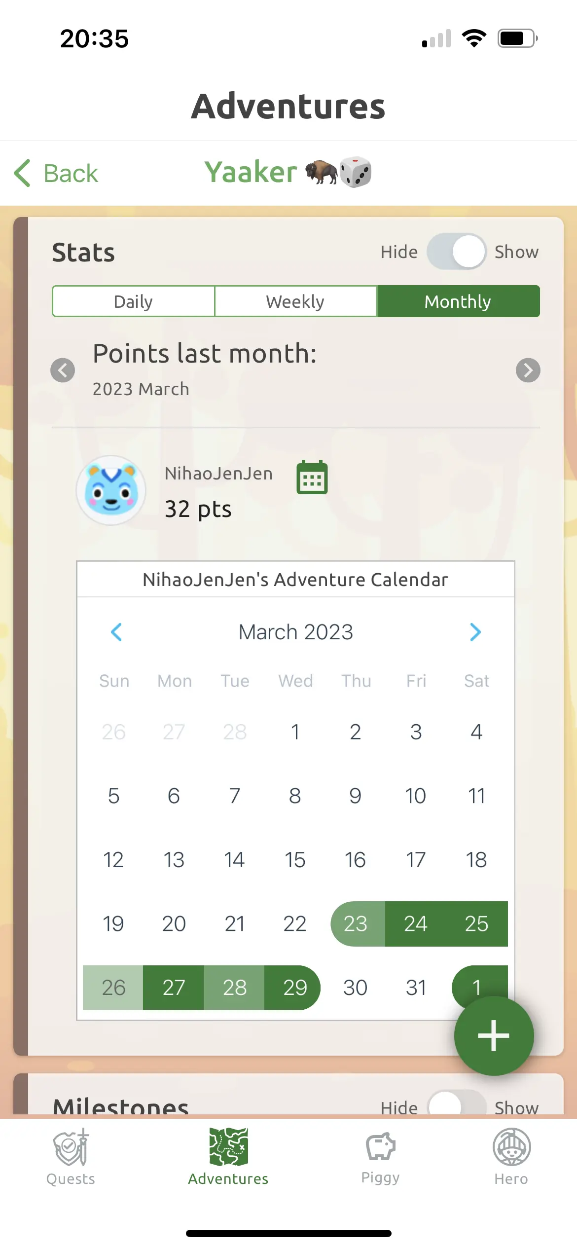 My activity calendar for Yaaker (March)