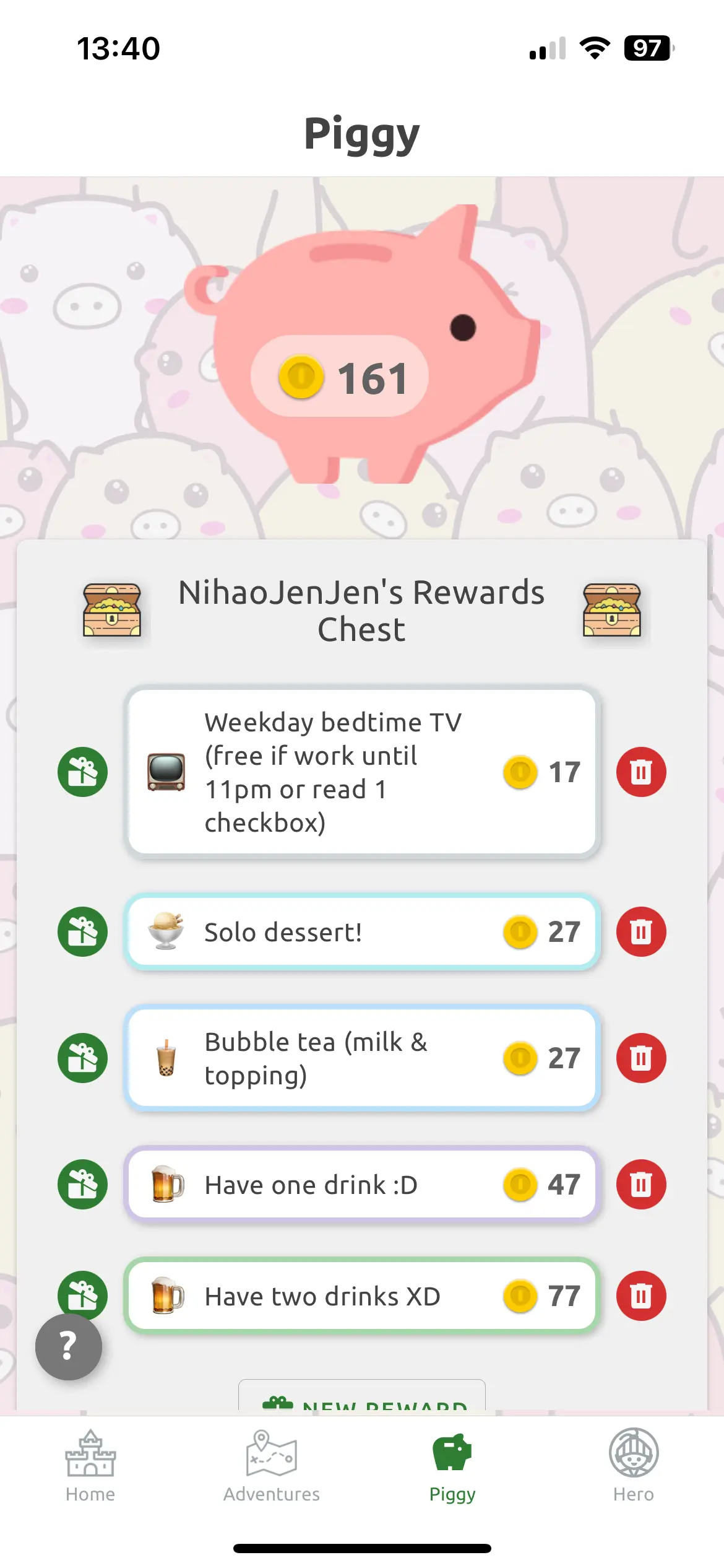 My Piggy rewards customized to motivate myself.