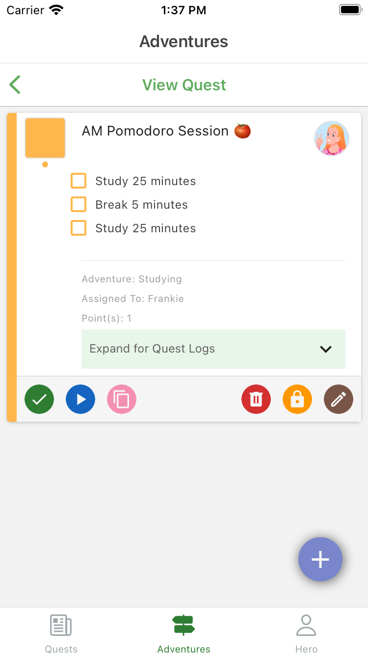 using heromode to set up a pomodoro session as a quest to stay focused when studying