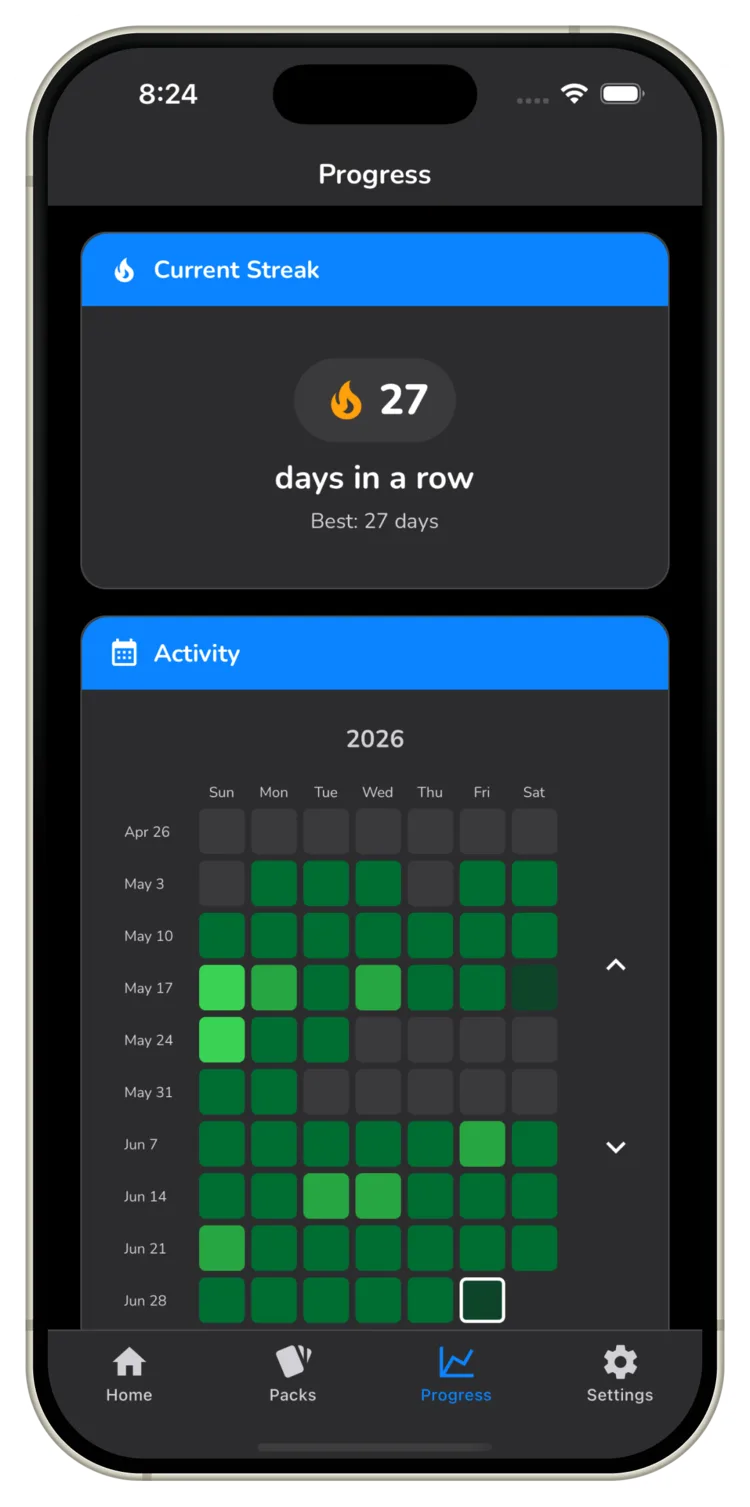 Keep your daily streak going and watch your activity calendar fill up in KOR Vocab.