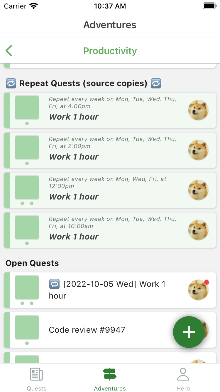 repeat quests in heromode designed to structure productivity hours throughout each work day