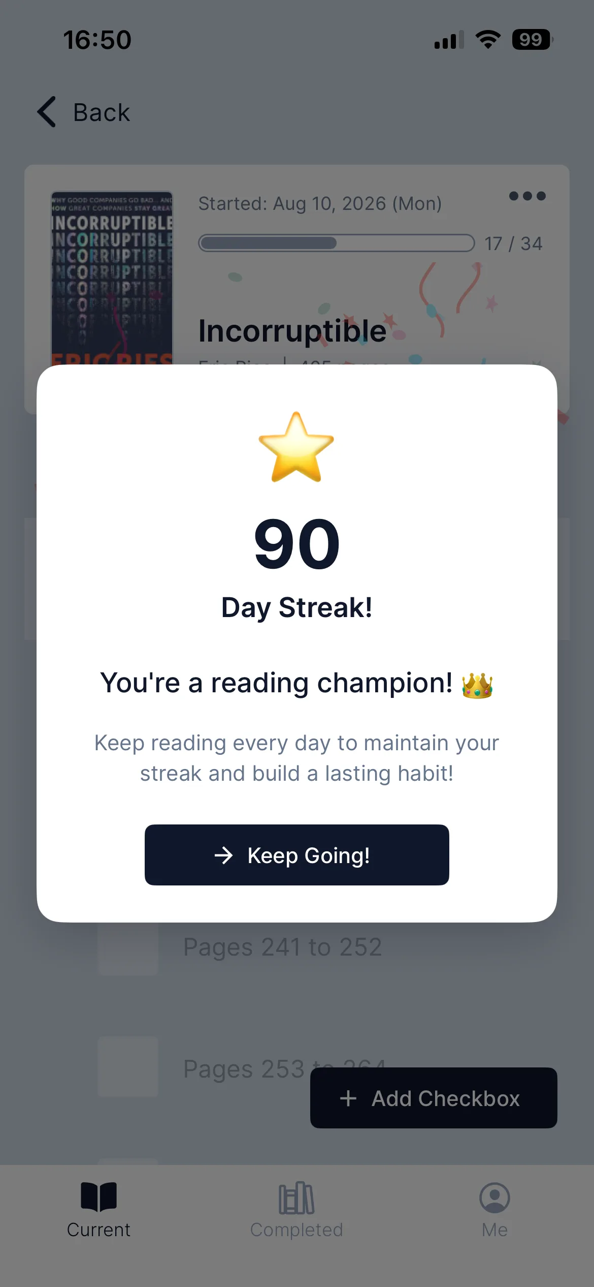 A 90-day reading streak celebration in Checkbox Reader after completing today's bite